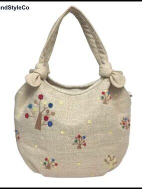 Embroidered Canvas Tote Bag Vintage Floral Shoulder Handbag Zip Top Women